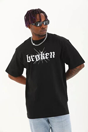 Unisex Oversize Baskılı Bisiklet Yaka T-Shirt - Gri