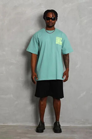 Unisex Oversize Baskılı Bisiklet Yaka T-Shirt - Füme