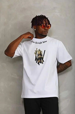 Unisex Oversize Baskılı Bisiklet Yaka T-Shirt - Beyaz