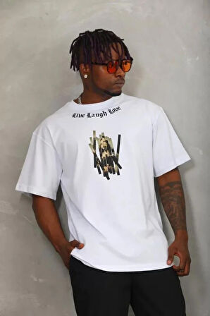 Unisex Oversize Baskılı Bisiklet Yaka T-Shirt - Beyaz