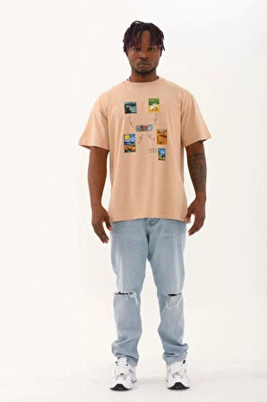 Unisex Oversize Baskılı Bisiklet Yaka T-Shirt - Bej