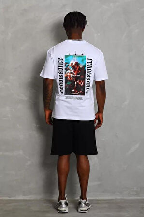 Unisex Oversize Baskılı Bisiklet Yaka T-Shirt - Beyaz