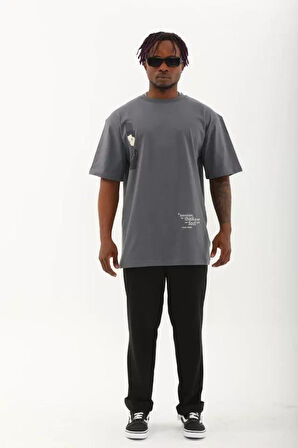 Unisex Oversize Baskılı Bisiklet Yaka T-Shirt - Füme