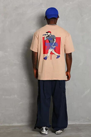 Unisex Oversize Baskılı Bisiklet Yaka T-Shirt - Siyah