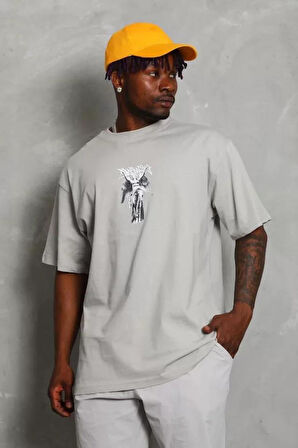 Unisex Oversize Baskılı Bisiklet Yaka T-Shirt - Gri