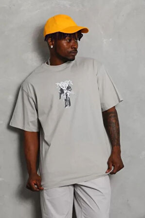 Unisex Oversize Baskılı Bisiklet Yaka T-Shirt - Gri