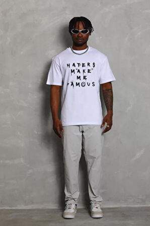 Unisex Oversize Baskılı Bisiklet Yaka T-Shirt - Beyaz