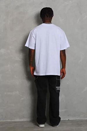 Unisex Oversize Düz Bisiklet Yaka T-Shirt - Beyaz