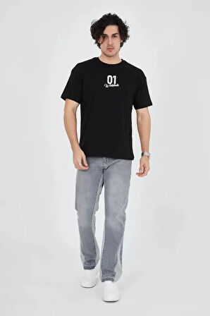 Erkek Bisiklet Yakalı Baskılı T-Shirt - Siyah