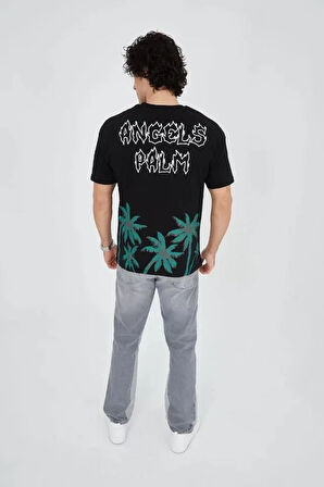 Erkek Baskılı Bisiklet Yaka T-Shirt - Siyah