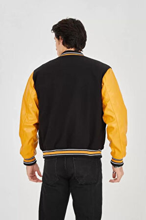 Erkek İçten Elyaf Ve Astarlı Kolları Suni Deri Ceket - Sarı