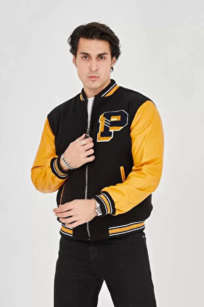 Erkek İçten Elyaf Ve Astarlı Kolları Suni Deri Ceket - Sarı