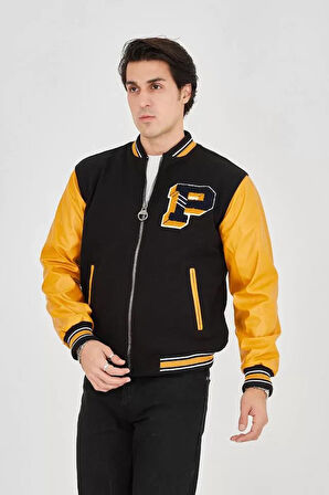 Erkek İçten Elyaf Ve Astarlı Kolları Suni Deri Ceket - Sarı