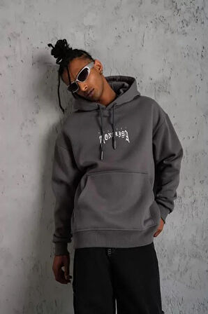 Erkek Baskılı Kapüşonlu Ve Kanguru Cepli Sweat- Gri