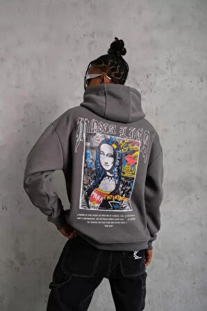 Erkek Baskılı Kapüşonlu Ve Kanguru Cepli Sweat- Gri