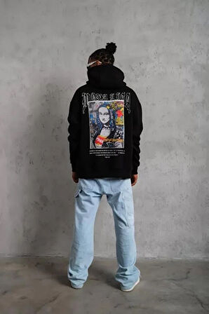 Erkek Baskılı Kapüşonlu Ve Kanguru Cepli Sweat - Siyah