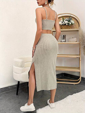 Kadın Kolsuz Askılı Crop Yırtmaçlı Midi Etek Fitilli Kaşkorse Takım