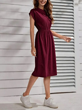 Kadın Kısa Kollu Bisiklet Yaka Belden Lastikli Midi Viskon Elbise