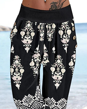 Kadın Beli Lastikli Etnik Desenli Kapri Süprem Pantolon