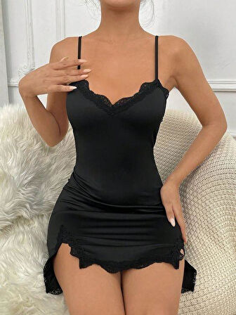 Kadın Askılı V Yaka Dantel Detay Viskon Gecelik