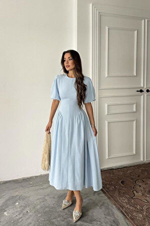 Mavi Arkadan Bağlamalı Büzgülü Keten Elbise