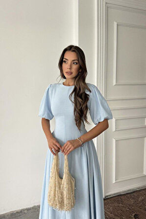 Mavi Arkadan Bağlamalı Büzgülü Keten Elbise