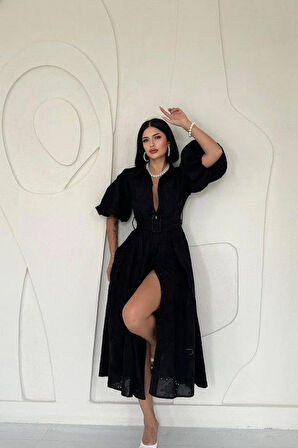 Siyah Pileli Balkon Elbise