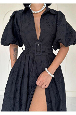 Siyah Pileli Balkon Elbise