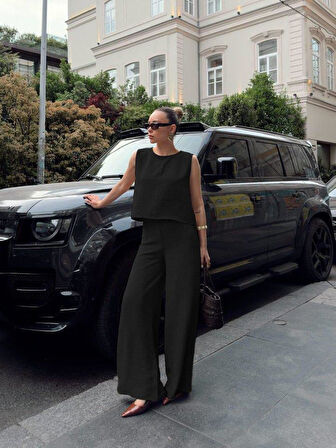 Kadın Bisiklet Yaka Kolsuz Bluz Ve Bol Paça Aerobin Kumaş Ikili Takım