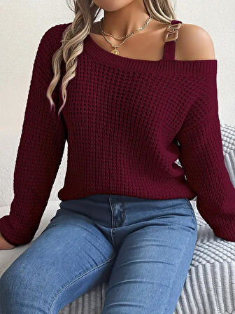 Kadın Uzun Kollu Tek Omuzu Açık Tokalı Triko Bluz