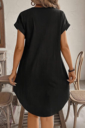 Kadın Kısa Kollu önden Düğmeli Ithal Keten Elbise