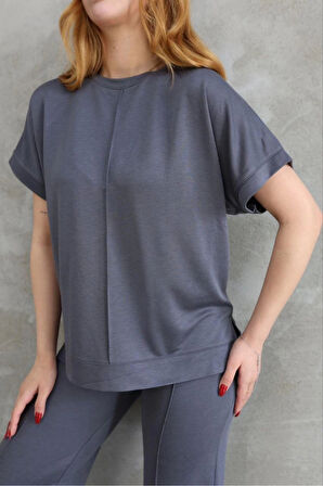 Osy Modal Yumuşak Dokulu Kumaş Bisiklet Yaka Kısa Kollu Takım - Füme