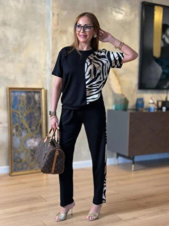 Kadın Bisiklet Yaka Kısa Kol Leopar Desen Bluz Ve Pantolon Ikili Takım