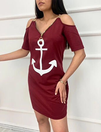 Fermuar Detay çıpa Baskılı Zincir Askılı Iki Iplik Elbise - Bordo