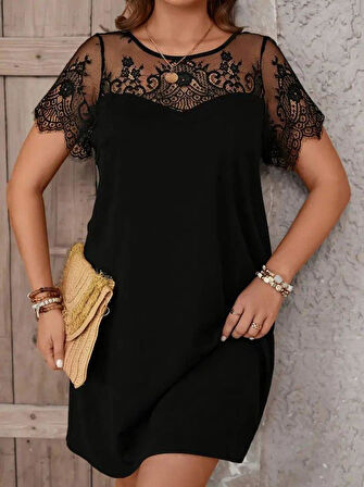 Kadın Kısa Kollu Dantel Bisiklet Yaka Ve Kol Dantel Detaylı Janjan Krep Elbise
