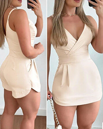 Kadın Ip Askılı Kruvaze Yakalı Cep Detaylı Ithal Krep Short Etek