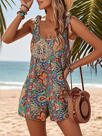 Kadın Omuzlardan Askılı Desenli Geniş Paçalı Süprem Tulum