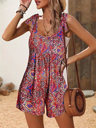 Kadın Omuzlardan Askılı Desenli Geniş Paçalı Süprem Tulum