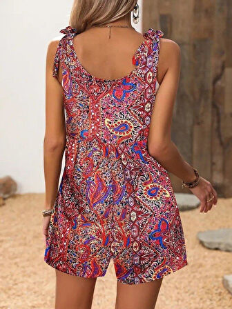 Kadın Omuzlardan Askılı Desenli Geniş Paçalı Süprem Tulum