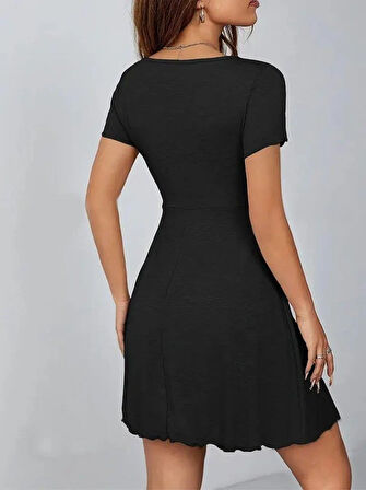 Kadın Kısa Kollu Derin Büzgülü V Yakalı Viskon Elbise