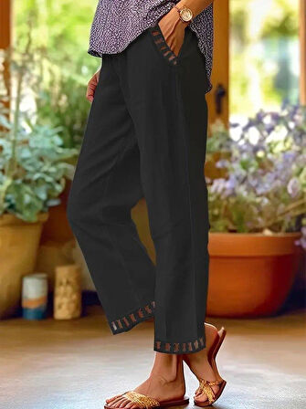 Kadın Beli Lastikli Bağcıklı Cep Ve Pantolon Ucu Güpür Detaylı Pantolon