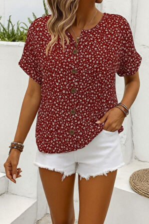 Kadın Kısa Kollu çentikli V Yaka Ve Düğme Detaylı çiçek Desenli Süprem Bluz