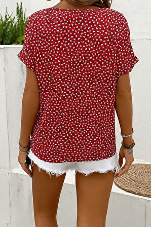 Kadın Kısa Kollu çentikli V Yaka Ve Düğme Detaylı çiçek Desenli Süprem Bluz