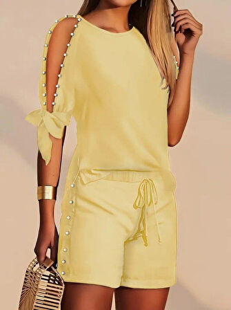 Kadın Kısa Kollu Bisiklet Yaka Yarı Açık Omuz Inci Detaylı Short T-shirt Viskon Ikili Takım