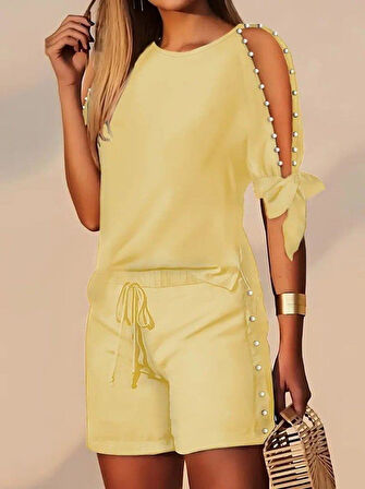 Kadın Kısa Kollu Bisiklet Yaka Yarı Açık Omuz Inci Detaylı Short T-shirt Viskon Ikili Takım