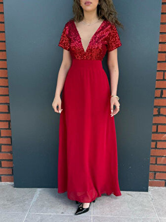 Kadın Kısa Kollu Derin V Yakalı A Kesim Pulpayet Detaylı şifon Nedime Elbisesi