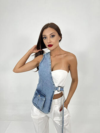 6838 ASYMMETRIC DENIM VEST-MAVİ
