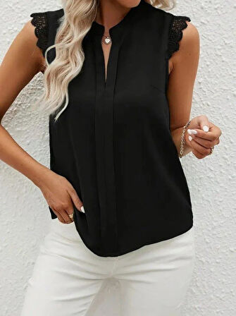 Kadın Kısa Dantel Kollu Hakim Yaka Ithal Krep Bluz