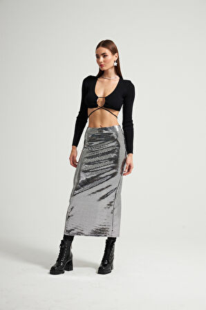 Nok Star Koleksiyonu Aynalı Etek SİYAHKAREGÜMÜŞ