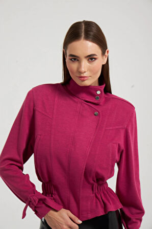 Vatkalı Beli Lastik Fermuarlı Bomber Ceket Fuşya